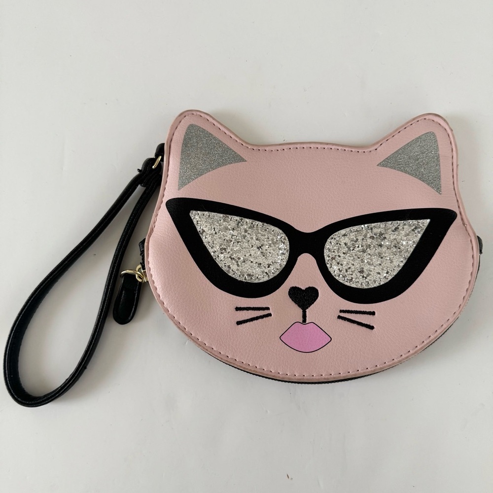 Betsey Johnson Luv Cat Kitten Wristlet Coin Purse Pink Glitter Sunglasses